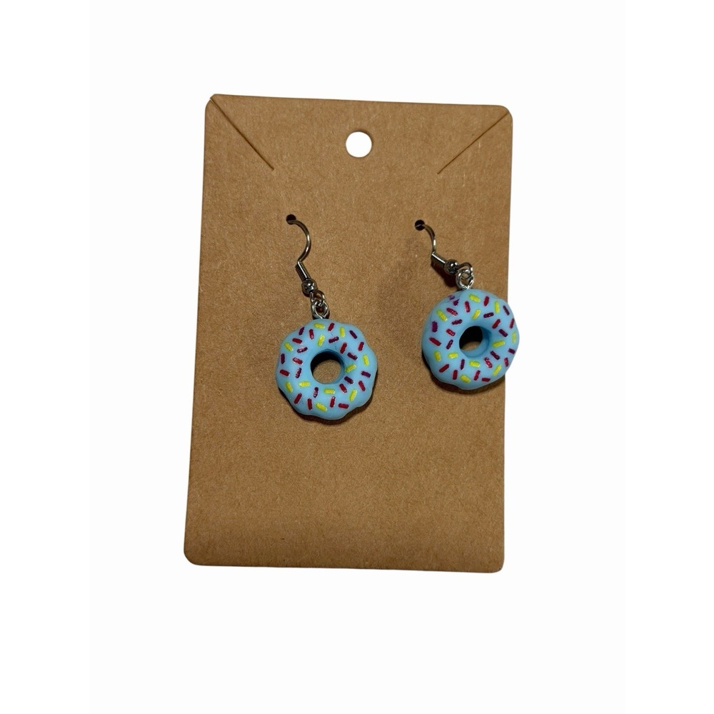 Blue Donut Dangle Earrings Whimsical Foodie Jewelry Silver Tone Hooks